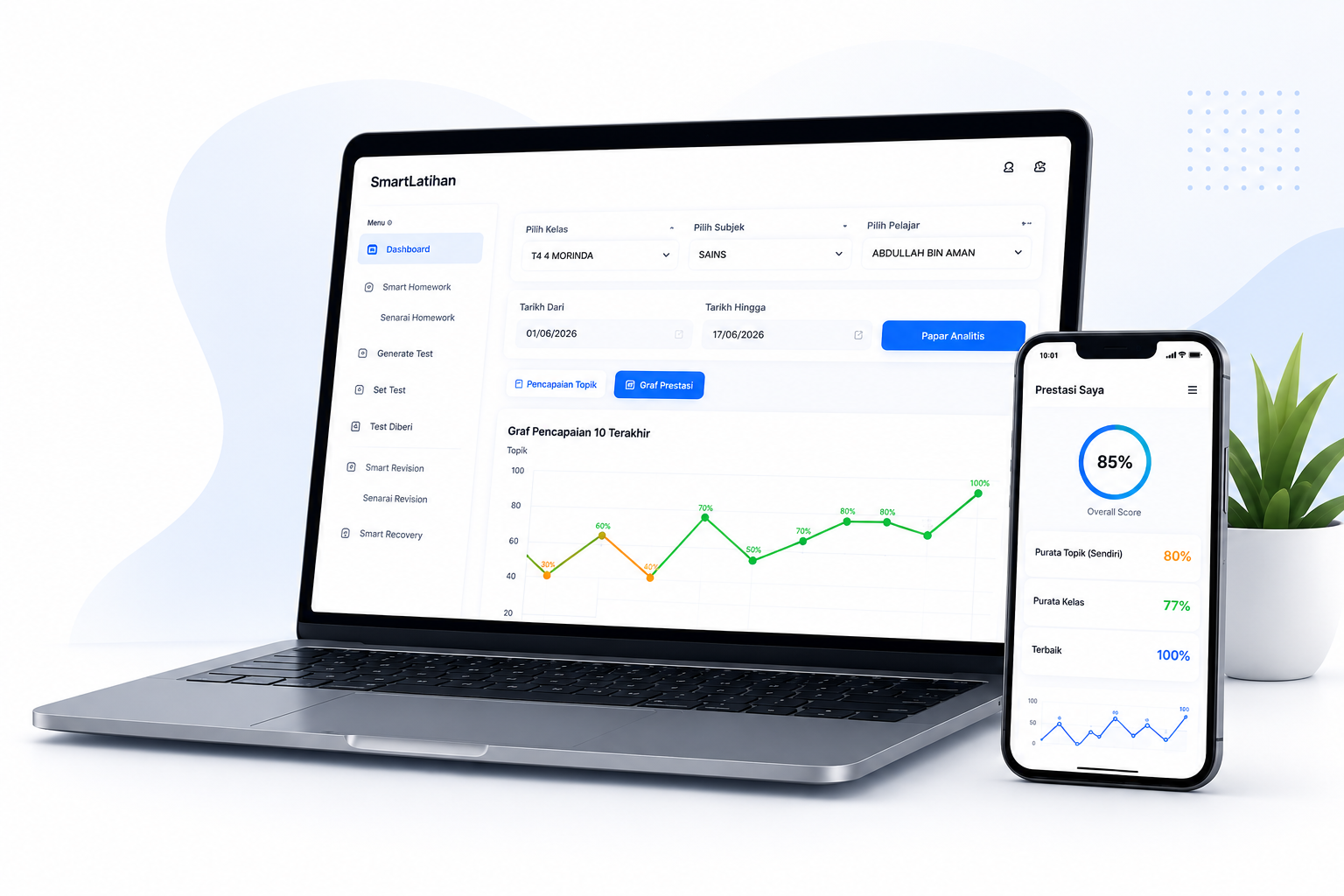 SmartLatihan system dashboard preview on laptop and phone